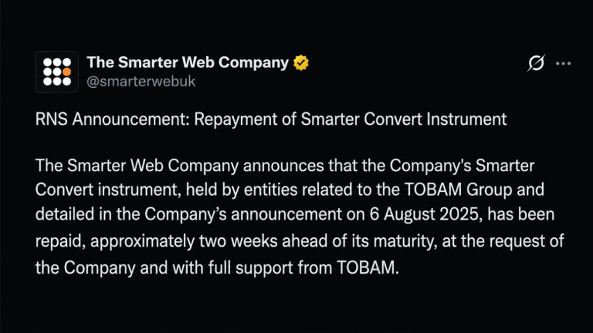 Bitcoin Treasury Firm Smarter Web Sells 177 BTC in Early Debt Repayment Move